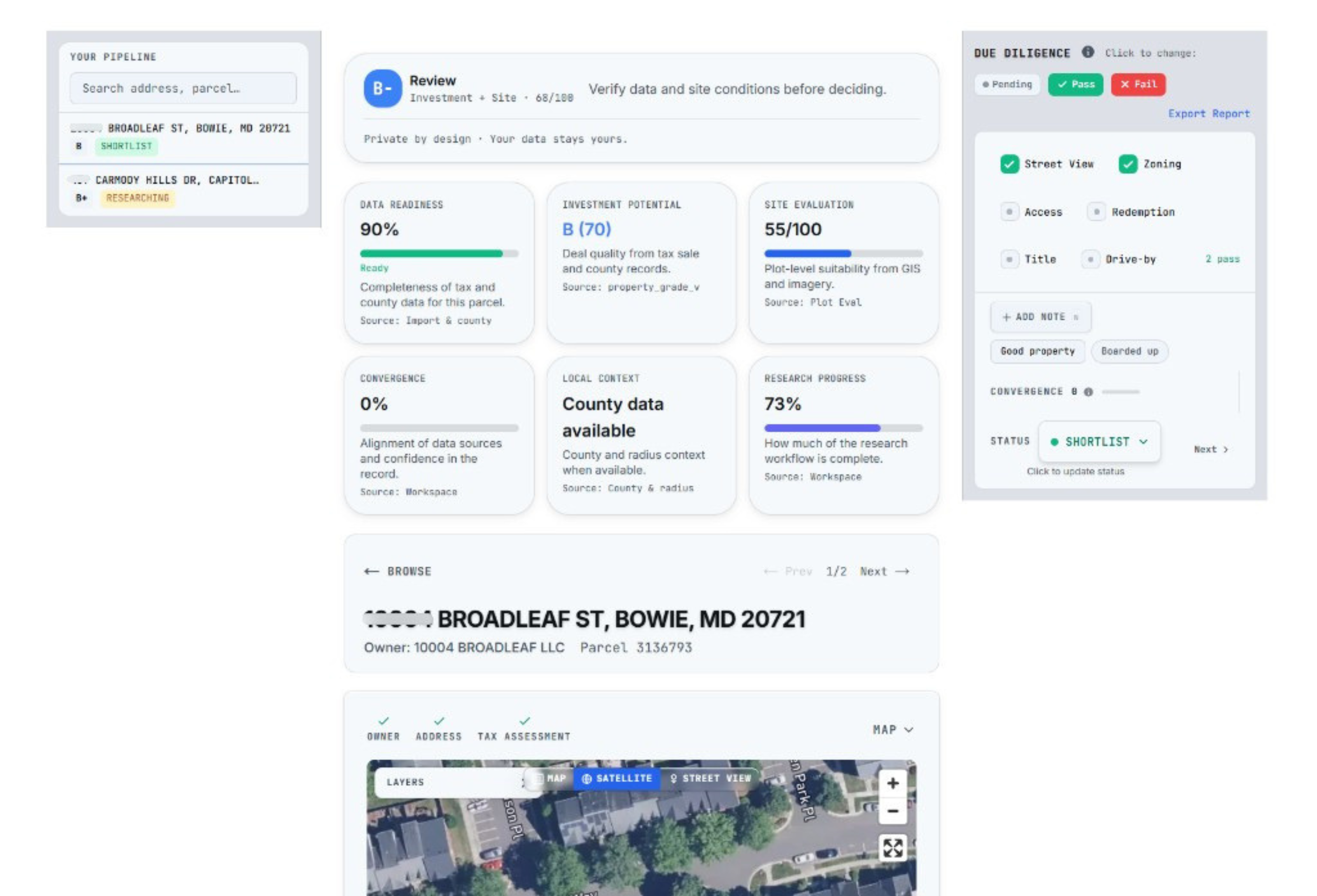 Plot Eval workspace — property research terminal with maps, scores, and due diligence
